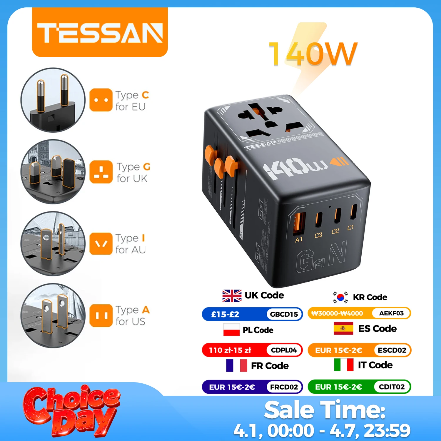 TESSAN 65W/100W/140W GaN Universal Travel Adapter With USB & Type-C All-in-1 Adapter Fast Charger EU/UK/USA/AUS Plug for Travel