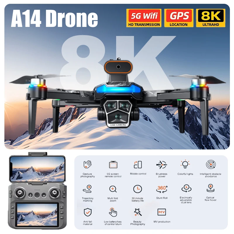 For Genuine A14Pro Max GPS Brushless 8K three Camera Optical Flow Obstacle Avoidance Foldable Quadcopter RC Distance Drone Toys